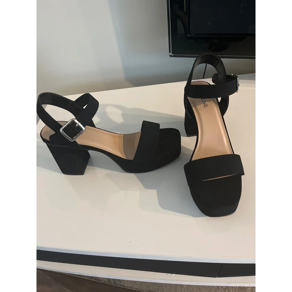 Soda Black Faux Suede Platform Block Heel Ankle Strap Sandals Open Toe